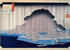 安藤広重作『近江八景 唐崎の夜雨』。降りしきる雨の中に浮かび上がる唐崎神社の松と湖畔が、幽玄の世界を表現している。