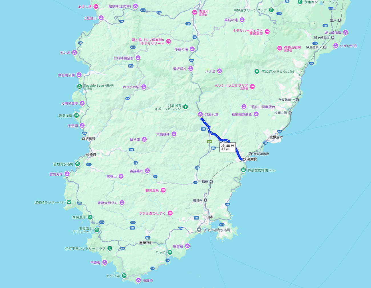 河津駅からわさび園かどやまでのおよそ8.7kmのルートを示すGoogleマップのスクリーンショット