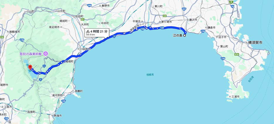 江ノ島から芦ノ湖までのルートを示すGoogleマップのスクリーンショット。